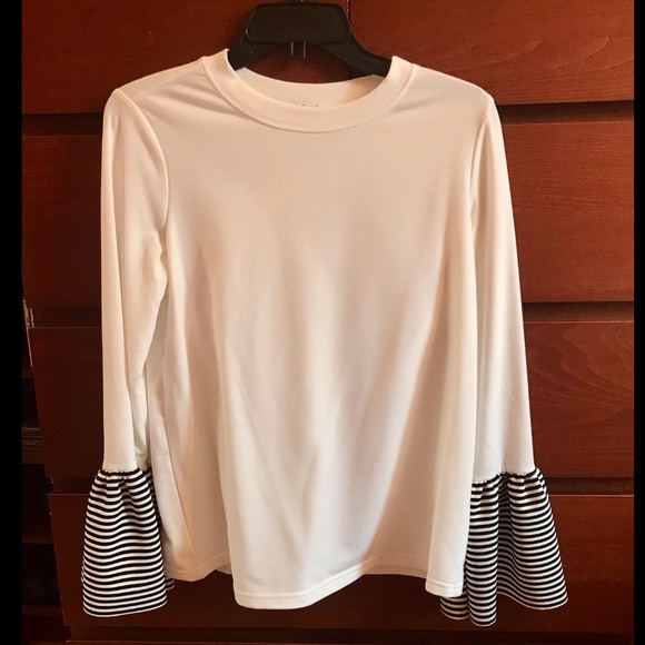 Bell Sleeve Cotton Top with Striped Accents - Picture 1 of 3